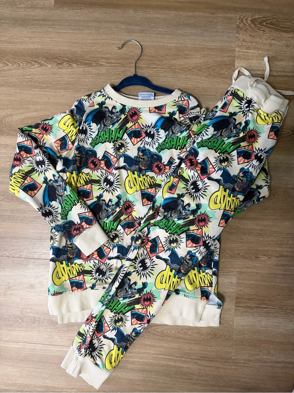 Cream Batman Comic-Print Kids Pajama Set with Yellow & Green Accents